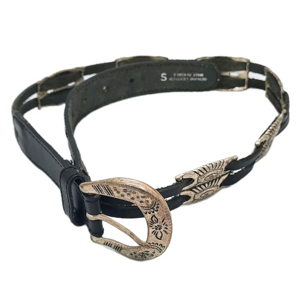 VTG New York Studio Belt Womens Small Leather Western Beaded Strap Silver Buckle